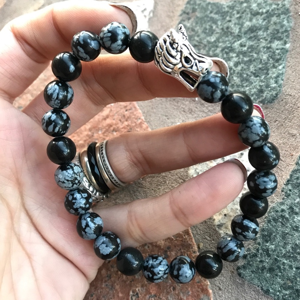 Genuine Obsidian gemstones silver dragon bracelet - Picture 2 of 8